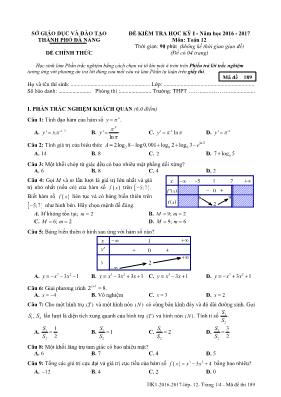 Đề kiểm tra trắc nghiệmToán 12 - Mã đề 189 - Năm học 2016-2017 - Sở GD & ĐT TP Đà Nẵng